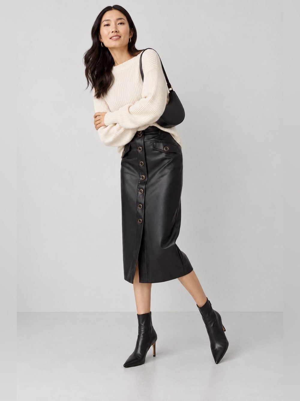 Ann Taylor Skirt Womens 12 Black Faux Vegan Leather Midi